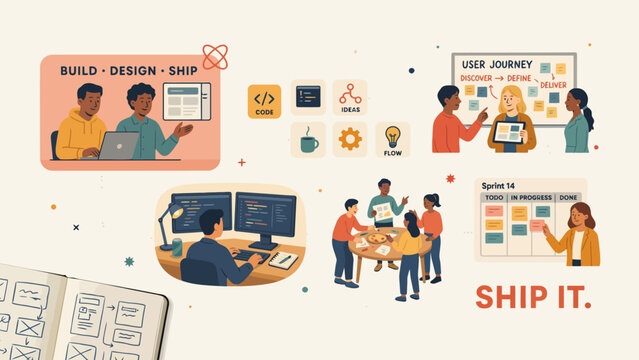 Team collaborating in software development sprint planning and shipping process . Vector flat illustration on a white background. Vector illustration.