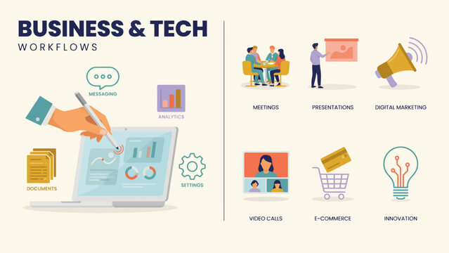 Business and tech workflow icons set for presentations and meetings . Vector flat illustration on a white background. Vector illustration.