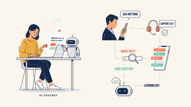 Illustrated chatbot and customer support assistant concept with learning bot . Vector flat illustration on a white background. Vector illustration.