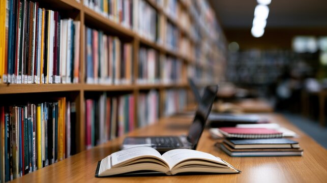 Open book and laptop on library table