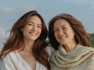 Fototapeta premium Two women, a mature mother and her adult daughter, pose closely side by side seaside under pale blue sky, both smiling warmly in coordinated neutral knit outfits with delicate gold necklaces and hoop 