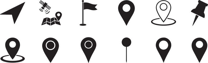Location icon collection with map pin, locator and navigation symbols for travel and mapping use. © SB 