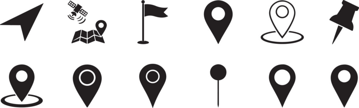 Location icon collection with map pin, locator and navigation symbols for travel and mapping use.