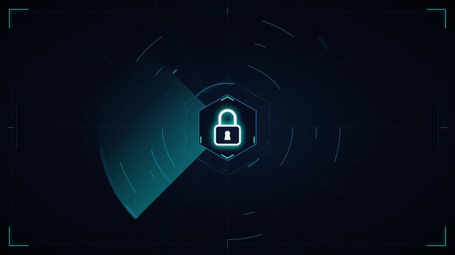 Digital cybersecurity hud interface with rotating radar scan and glowing padlock
