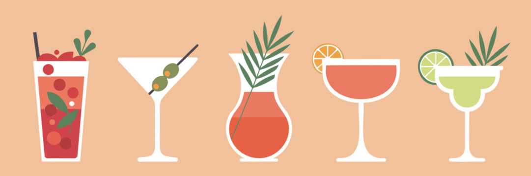 Summer Cocktail Drink Vector Set Featuring Martini Mojito Margarita Glasses Garnished with Lime Orange Olive Flat Illustration Design Graphic
