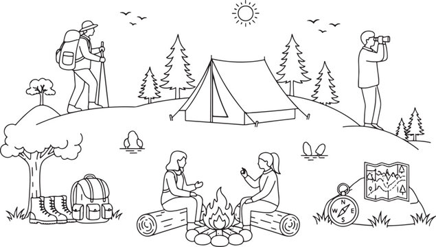 Hand drawn camping scene with hikers and campfire in nature, outdoors