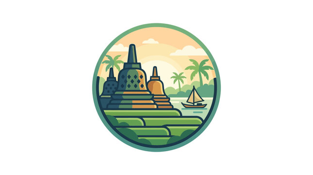 Borobudur temple landscape illustration in circular badge.