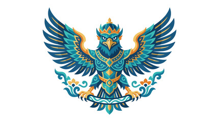 Fototapeta premium Blue and teal Garuda mythical bird illustration emblem.