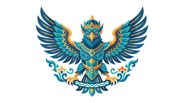 Blue and teal Garuda mythical bird illustration emblem.