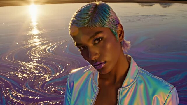 Woman with rainbow hair stands by water in holographic jacket at sunset. Model poses with colorful hair near oil slick water. Lady in iridescent jacket by sunset water. Woman with rainbow hair poses.