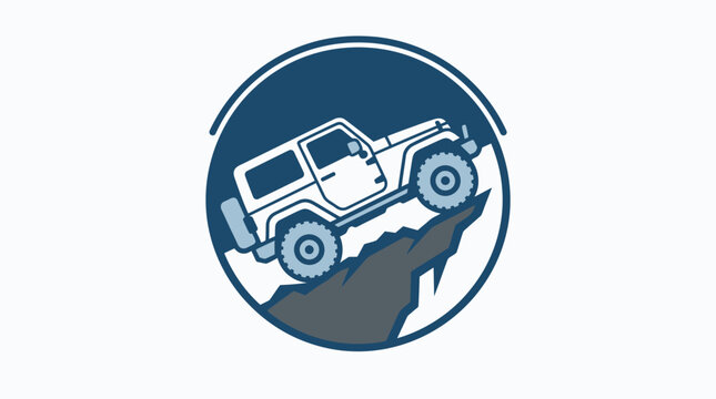Blue circular logo with 4x4 vehicle climbing cliff