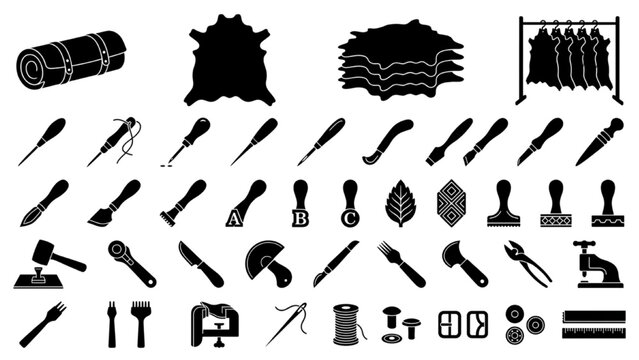 Leathercraft and Hides Vector Icon Sheet with Stitching Awls, Edge Bevelers, and Leather Stamps Black Flat Silhouettes Isolated on White