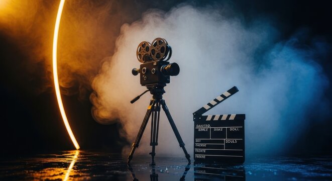 A film camera stands on a tripod next to a clapperboard in a smoky studio with a bright light arc.