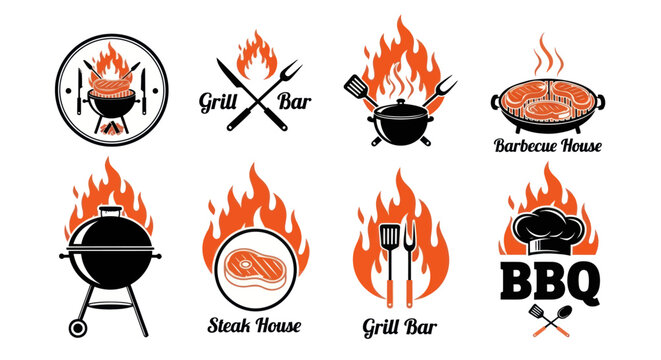 A collection of barbecue icons with flames and text labels on a white background showcasing various grill and food related graphics.