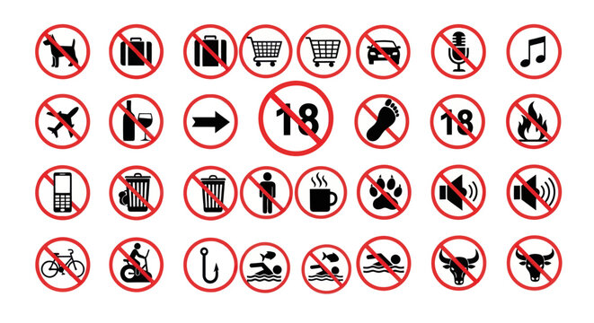 A collection of  prohibited signs and symbols displayed on a white background