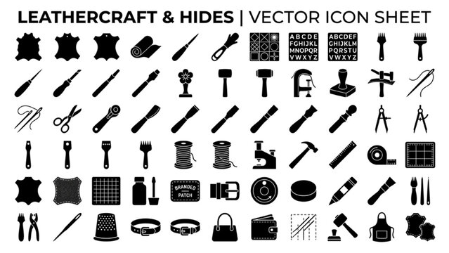 Leathercraft and Hides Vector Icon Sheet with Stitching Awls, Edge Bevelers, and Leather Stamps Black Flat Silhouettes Isolated on White