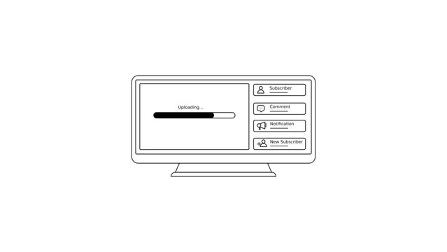 Minimalist line art of a computer monitor displaying a file upload progress bar alongside icons for comments, subscribers, and notifications for digital content management.