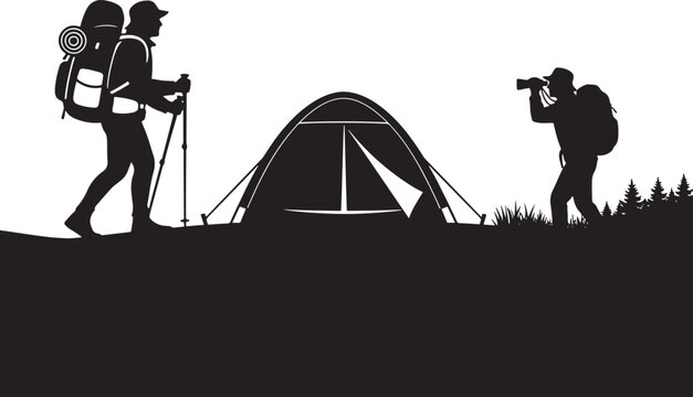 Silhouette of hikers camping near tent and forest with camping gear