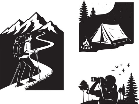 Black and white camping and hiking activity vignettes with mountains