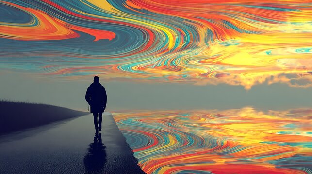 Person standing on cliff edge gazing at vibrant swirling aurora in night sky