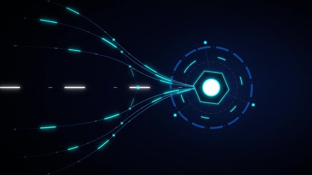 Digital data flow hud interface with glowing hexagon core and network connectivity lines