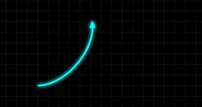 Chart arrow bow shape goes up and down blue glow on black grid. Graph rising fast. Business cartoon animation. Economy metaphor. Speed up and slow down graph from low to high acceleration.