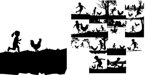 Obraz premium Child Chasing a Rooster Around a Yard Silhouette