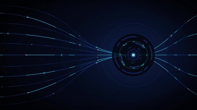 Digital data flow hud interface with glowing network connections and circular tech