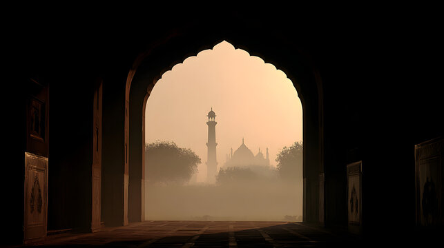 Silhouette of badshahi mosque minaret and domes seen through a historic arched gateway in lahore, pakistan