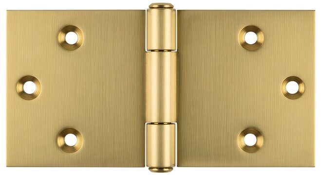 Brass butt hinge with countersunk screw holes on a white background with soft lighting for architectural design