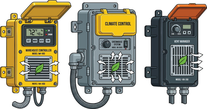 Industrial climate control and ventilation management system controllers with leaf icons set