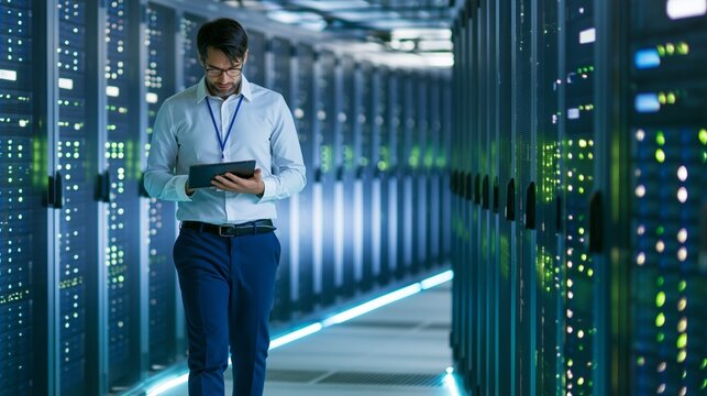 Data Center Technician Monitoring Server Racks with Tablet, Excellent for Cloud Computing, IT Infrastructure and Cybersecurity Concepts