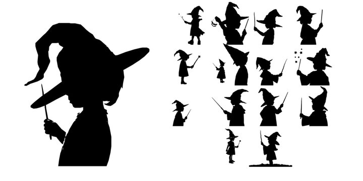 Child in a Wizard Hat Holding a Wand Silhouette