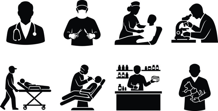 Medical professional icons set featuring doctor surgeon nurse pharmacist dentist laboratory researcher paramedic and veterinarian silhouettes