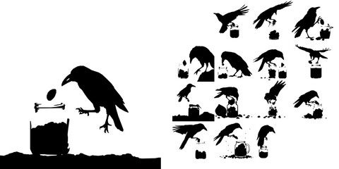 Obraz premium Crow Dropping a Stone into a Jar Silhouette