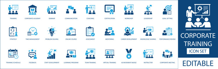 Corporate training icon set. Featuring career development, leadership workshop, online course, and performance review. Vector icons for business presentations, employee onboarding, and learning  © Pixel Flat Design