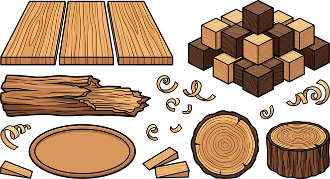 Wood and Lumber Material Vector Icon Set Featuring Timber Planks Isometric Blocks Tree Trunk Log Rings Stump Shavings and Wooden Plate Elements