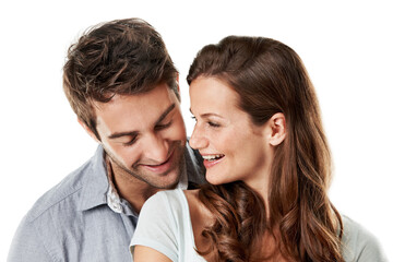 Obraz premium Couple, laughing and bonding in studio, care and connection with partner, confident or love on break. White background, lovers and happy people with commitment for relationship, romance and together