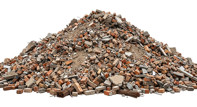 Heap of demolition debris and brick rubble with construction demolition fragment material industrial concrete