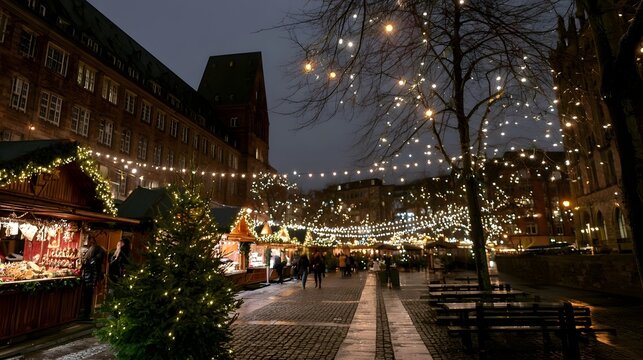 A luminous Christmas market scene featuring various food stalls and festive deco ns creating a warm inviting atmosphere