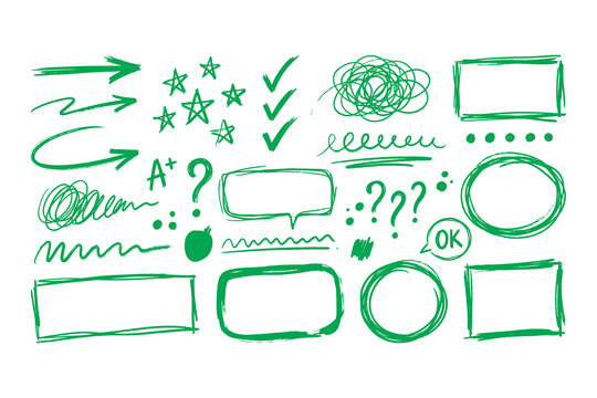 Green hand drawn neon doodle arrows and speech bubble frames isolated