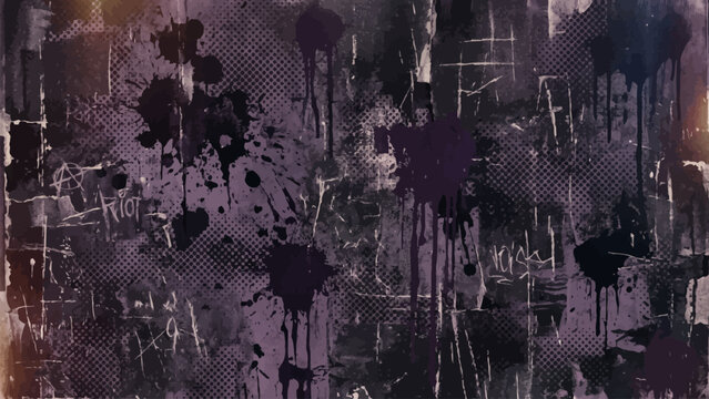 Dark moody grunge background with black ink drips and purple texture vector illustration.