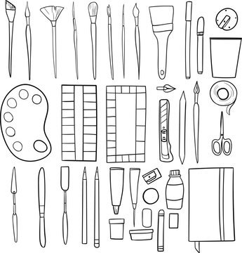Hand drawn line art school supplies and artist studio tools set