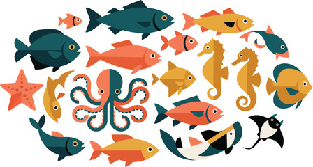 Vibrant collection of diverse marine life creatures presented as a professional flat vector graphic illustration featuring colorful fish and sea animals arranged in a clean layout for modern creative  © Saif