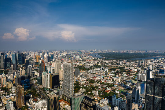Aerial panoramic view of Bangkok city skyline and modern architecture in downtown district