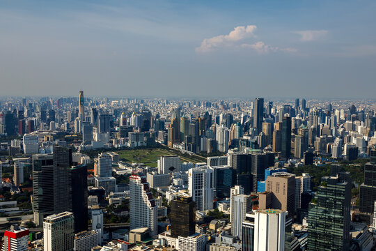 Aerial panoramic view of Bangkok city skyline and modern architecture in downtown district
