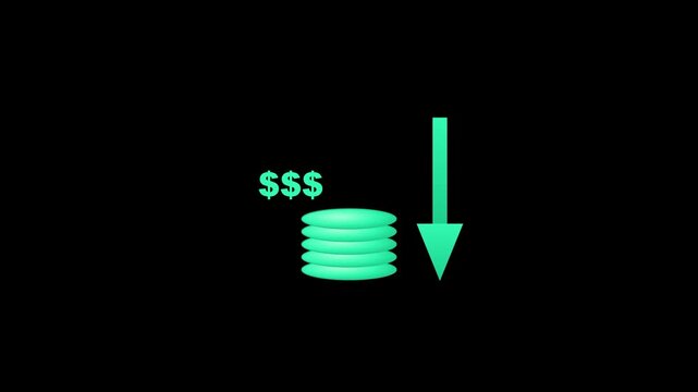 Financial loss concept: animated stack of coins decreasing with downward arrow finance economy money