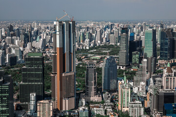 Fototapeta premium Aerial panoramic view of Bangkok city skyline and modern architecture in downtown district