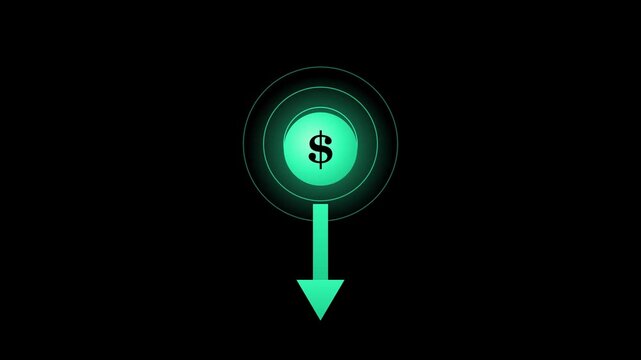 Financial market downtrend animation with glowing dollar sign and downward arrow finance economy crash