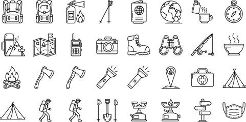 Hiking camping and outdoor adventure line icons set with backpack compass tent map campfire binoculars boots camera flashlight first aid kit vector © Akter